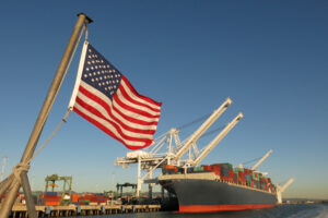 American flag US port container ship symbols economy industry pride